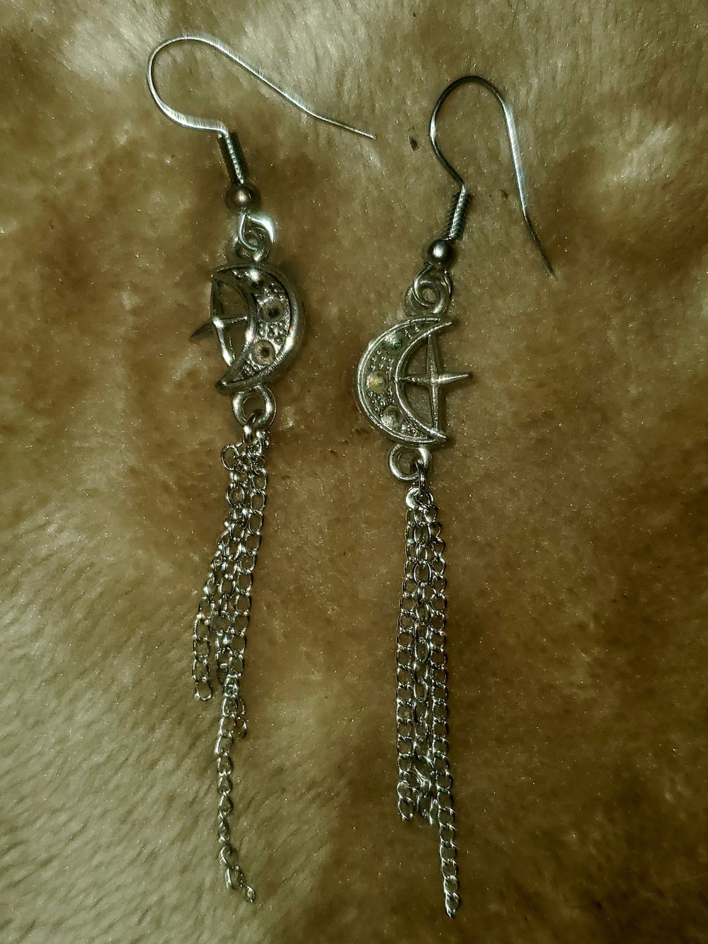 Handmade Silver Moon & Star Drop Earrings with Chain Tassels